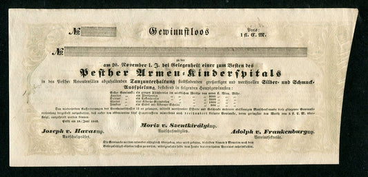 1842 Pesti gyermekkórház sorsjegy - vízjeles